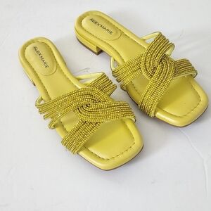 Alex Marie Freesia Twist Yellow/Green Rhinestone Square Toe Flat Sandals Size 6